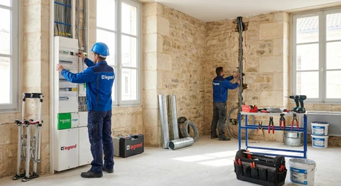 Photographe en plan large montrant un chantier intérieur en cours de rénovation avec un électricien en tenue de travail installant un tableau électrique ou tirant des câbles dans des chemins de câbles apparents, avec d'autres outils et équipements de construction visibles en arrière-plan, illustrant un environnement professionnel de travail de qualité.