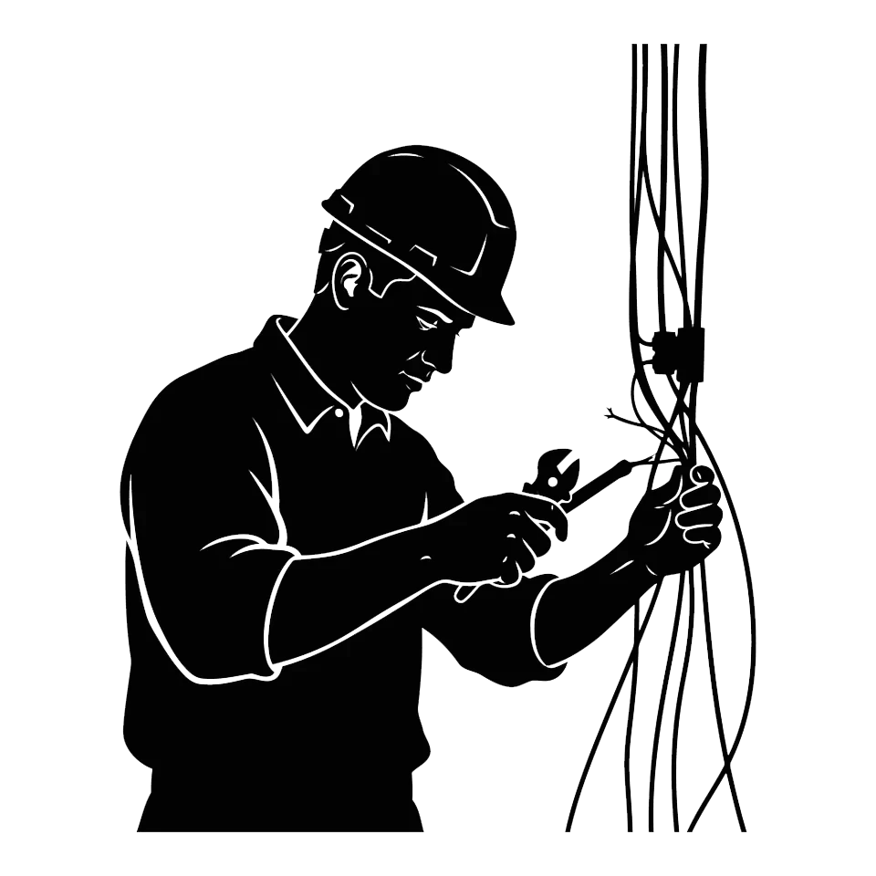 Scène extérieure au coucher du soleil avec technicien en silhouette travaillant sur poteau électrique