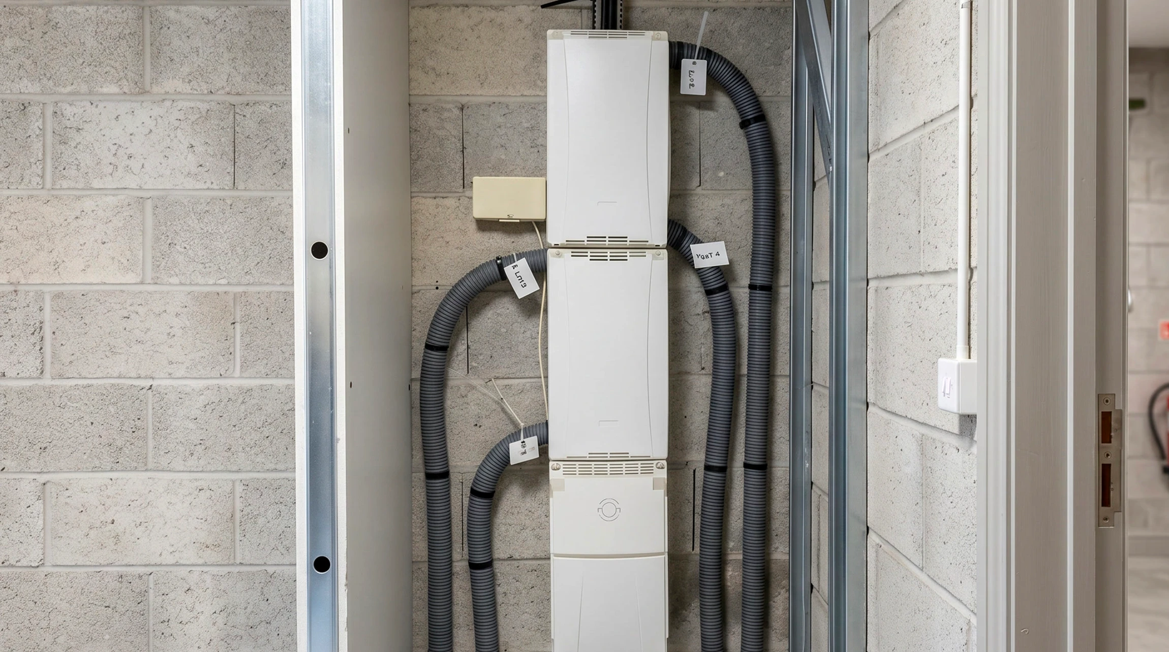 Gros plan d'un électricien en gilet haute visibilité et équipement professionnel installant ou modernisant une colonne ADF (armoire de distribution électrique) dans un immeuble d'habitation, montrant les câbles, les disjoncteurs et les composants électriques. L'image doit montrer clairement le travail d'installation en cours dans un contexte d'immeuble collectif.